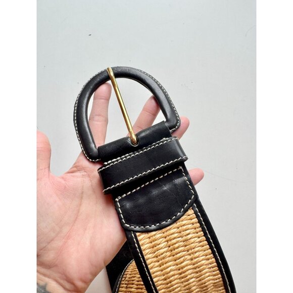 STEFANEL Black Leather Tan Raffia Wide Belt, Size 3 - Picture 7 of 11
